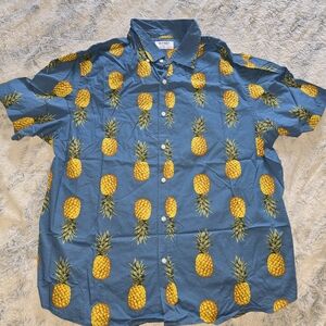 Old Navy Men's Blue Button Up Dress Shirt with Pineapple Design - XXL